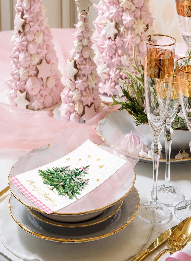 وولاين مجموعة مناديل ضيوف عيد الميلاد من والين، 100 قطعة، مزينة بفيونكة وردية وشجرة عيد الميلاد، مناديل ورقية للاستخدام مرة واحدة، مزينة برقائق ذهبية وندفة ثلج، مثالية لحفلات العشاء. - Image 4